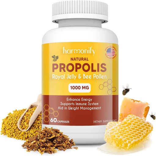 [BRSRAYAZORYGECL4] Bee Pollen Propolis Royal Jelly Extract with Carob, Pure Immune Support Supplement, Gluten-Free, Vegetarian Capsules, 1000 mg