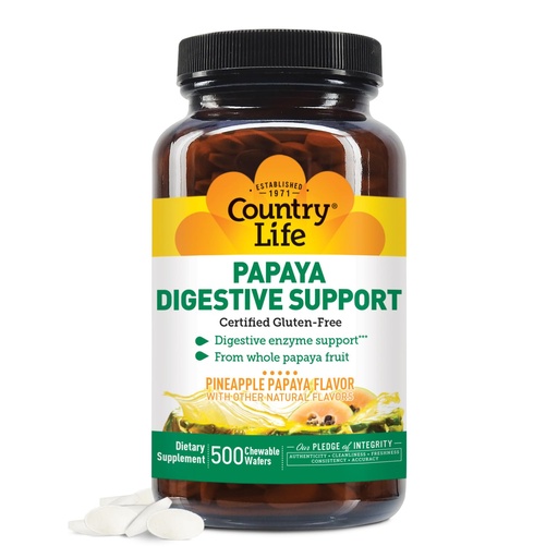 [BRSWICYPOF4GIEA5] Country Life Chewable Papaya Enzymes for Digestion Support - Natural Pineapple & Papaya Flavor, Assists with Nutrient Absorption, Contains Papain & Protease - 200 and 500 Wafers Available