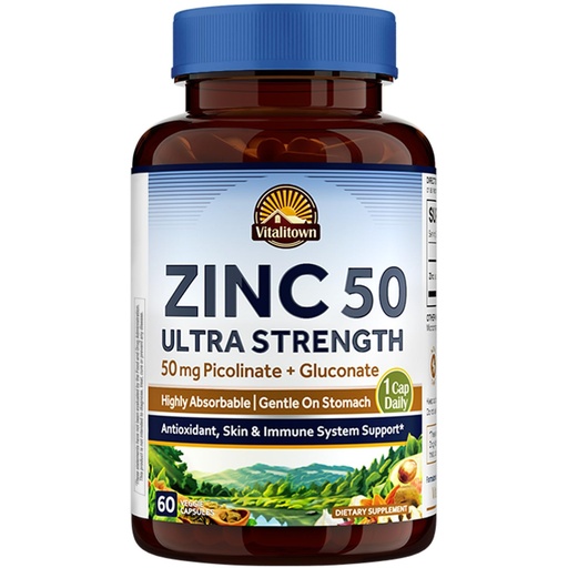[BRSWYCAQOFYQY2T7] Vitalitown Chelated Zinc 50 mg, Zinc Picolinate & Gluconate, 60 Veggie Capsules, Well-Absorbed, Immune System, Healthy Skin & Development, Vegan, NO Gluten, Non-GMO