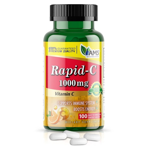 [BRSWYGQCC57QICY3] America Medic & Science Rapid-C 1000mg Vitamin C Supplement (1 Pack of 100 Tablets) Energy Booster, Daily Immune System Support, Antioxidant | Vegan, Non-GMO Coated Ascorbic Acid for Adult Men & Women