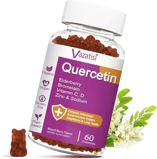 [BRSW2HD5OBYQEFL4] Gummies Quercetin, Quercetin avec Zinc Vitamine C, Bromelain, Elderberry et Vitamine D, Immune Support Adultes Enfants, Femmes Hommes, 60 Gummies Chewable