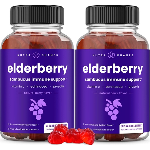 [BRSWYA3RB4FWMAAU] NutraChamps Elderberry Gummies, Sambucus Elderberry Gummies for Adults & Kids, Vitamin C, Propolis & Echinacea, Max Strength Immune Support Gummies, Natural Berry Flavor, 120 Gummies (Pack of 2)