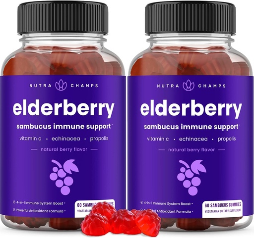 [BRSWYA3RB4FWMAAU] NutraChamps Elderberry Gummies, Sambucus Elderberry Gummies for Adults & Kids, Vitamin C, Propolis & Echinacea, Max Strength Immune Support Gummies, Natural Berry Flavor, 120 Gummies (Pack of 2)