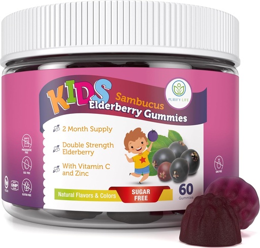 [BRSWY2QDB4GQA33A] Purify Life Sugar-Free Kids Elderberry Gummies C & Zinc bitaminarekin - Daily Immune Support Supplement for Children, Sambucus Antioxidant, Vegan, 60 Ct