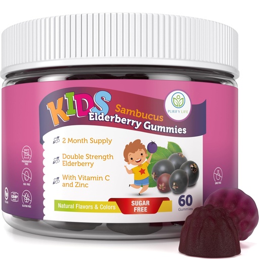 [BRSWY2QDB4GQA33A] Sugar-Free Kids Elderberry Gummies with Vitamin C & Zinc – Daily Immune Support Supplement for Children, Sambucus Antioxidant, Vegan, 60 Ct