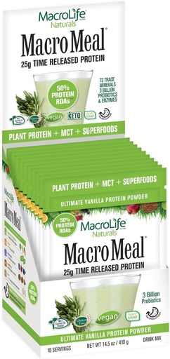 [BRSWGHDRAEBQEF3A] MacroLife Naturals MacroMeal Vegan Vanilla Superfood Supplement Powder Protein + Greens, Probiotics, Digestive Enzymes, Fiber - Energy, Detox, Immune - Non-GMO, Gluten-Free- 10 Packet Servings
