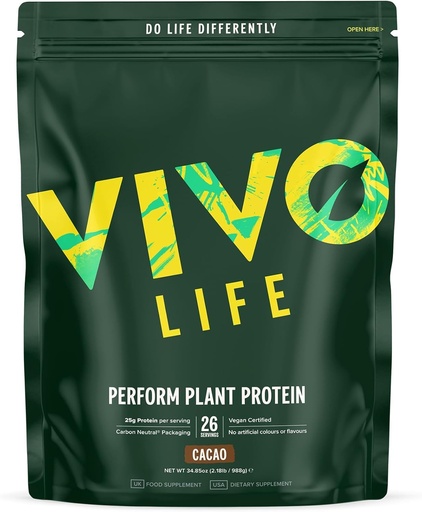 [BRSWYYALAAFRM33F] Vivo life Perform Plant Protein Powder | 25g Protein with 6g BCAAs, Iron, Zinc, Turmeric & Herbal Enzyme Blend (34.85 oz (Pack of 1), Raw Cacao)