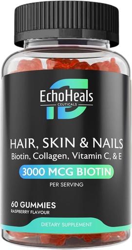 [BRSROCAZCN4AE2TG] Hair, Skin & Nail Gummies | Biotin Collagen Vitamin C & E Supplement | 3000mcg Biotin | Raspberry Flavored | 60 Gummies