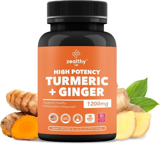 [BRSROAYFOV7ROCDB] Turmeric + Ginger Capsule 1200mg | Comfort congiunto, Supporto per infiammazioni e salute digestiva* | 180 Count | Zealthy Life High Potency Turmeric Ginger Supplement | 1200mg