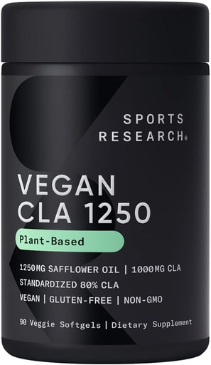 [BRSWIGDZBIEBEALY] Sports Research Vegan CLA - 1250mg con ácido Linoleico Conjugado Activo para Hombres " Mujeres que viven sin OGM, Soy " Gluten Gratis - 80% (90 Softgels)