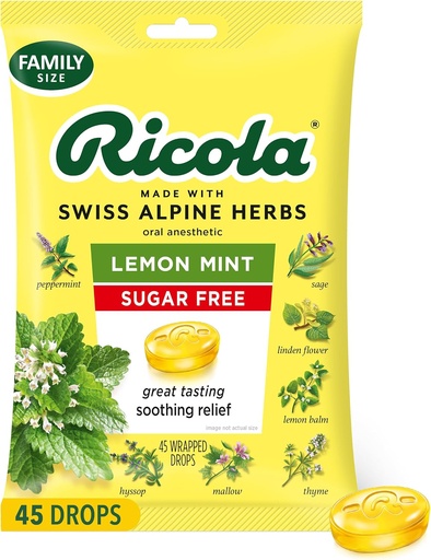 [BRSWKZYEBADRWEIV] Ricola Sugar Free Lemon Mint Throat Drops, 45 Count, Refreshing Relief From Minor Throat Irritations, Oral Anesthetic