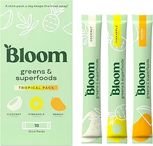 [BRSRAEINCBYAYH3H] Bloom Nutrition Superfood Greens Powder Stick Packs, Digestive Enzymes with Probiotics and Prebiotics, Gut Health, Bloating Relief for Women, Chlorella, Green Juice Mix, 18 SVG, Tropical Variety