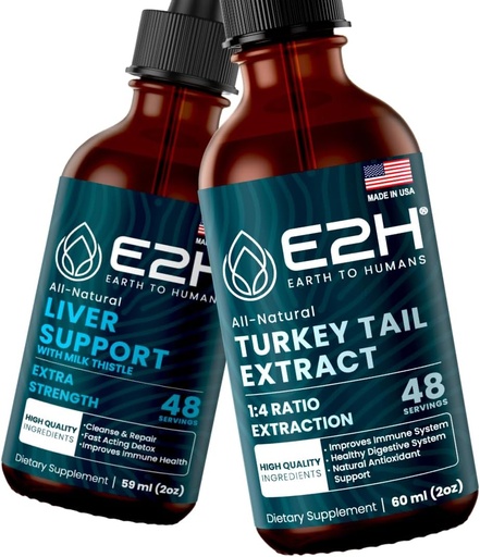 [BRSROHT4PICAGYD4] E2H: Liver Support Supplement and Turkey Tail Mushroom Extract | Vegan, Non-GMO - 2 Fl Oz Each (4 Fl Oz Total) - Bundle