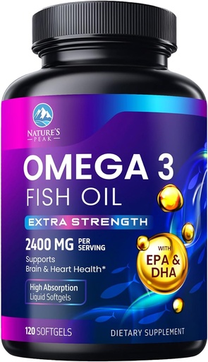 [BRSROAADCNYWKCTA] Omega 3 Fish Oil 2400 mg Suplemento, Fuente sostenible, Triple Fuerza Omega-3 Suplemento Softgels, Apoyo a la Salud del Cerebro, EPA & DHA Fish Oil Fatty Acids Suplementos, Gluten & GMO Gratis, 120 Softgels