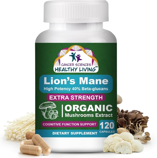 [BRSRA2YZCF4GCYDG] Cancer Sciences Organic Lions Mane Mushroom Supplement kapsler til mænd og kvinder - 1.500mg Brain Supplements for Memory & Focus - High Potency 40% Beta- Glucans - Nootrop Mushroom Complex, 120 Greve