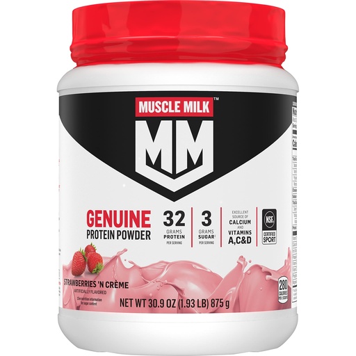 [BRSRMZYFOUPWOALZ] Muscle Milk Genuine Protein Powder, Strawberries ‘N Crème, 1.93 Pounds, 13 Servings, 32g Protein, 3g Sugar, Calcium, Vitamins A, C & D, NSF Certified for Sport, Energizing Snack, Packaging May Vary