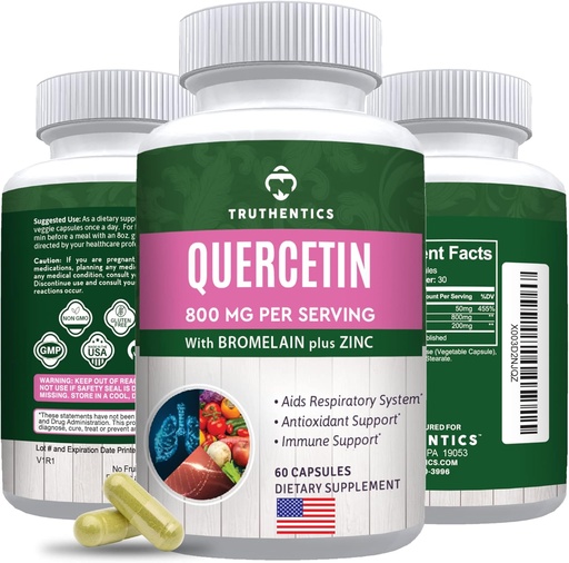 [BRSRMEANOQFAAADL] TruthENTICS Quercetin Bromelain eta Zinc 1050mg-ekin - Zinc Quercetin Premium osagarriak Immune, arnasketa eta urtaroen laguntzarako - Ez-GMO, Gluten Free - 60 Veggie kapsulak