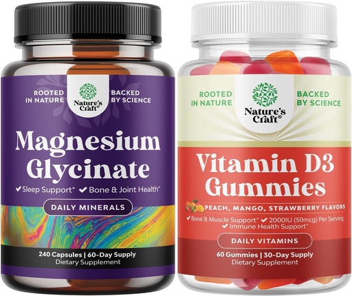 [BRSRAZY2BBYBAAYV] Bundle of Pure Magnesium Glycinate 400mg Per Serving for Mood Sleep and Relaxation 240ct and Vitamin D3 Gummies for Daily Wellness or Bone Muscle & Immune Support