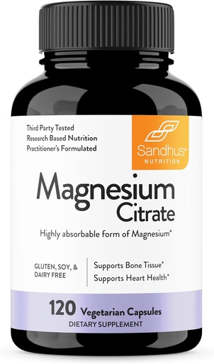 [BRSRMAANBB5AKFIV] Sandhu's Magnesium Citrate Highly Absorbable Gluten, Soy Diary Free No Fillers 120 Vegetarian Capsules