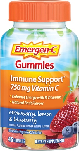 [BRSWGHA6A57QO2TL] Emergen-C 750mg Gommies de vitamine C pour adultes, Gommies de soutien immunitaire, sans gluten, fraises, citron et bleuets - 45 Nombre