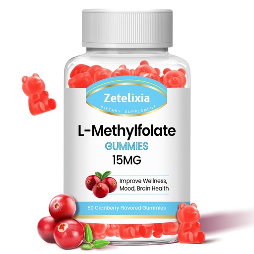 [BRSRAY36BFYAGCDU] L-Methylfolate 15mg & Methyl B12 Gummies, Folate Supplement for Brain Health, Mood & Immunity, DNA Synthesis & Repair, Sugar Free, Vegan, Cranberry Flavor, 60 Count