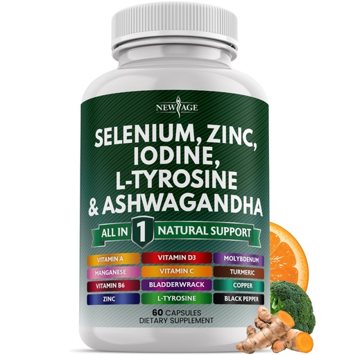 [BRSRAEIEOAMQICQZ] Selenium, Zinc, Iodine, L Tyrosine, Ashwagandha - Support Supplement for Women and Men with Bladderwrack, Turmeric, Silica Kelp, Schisandra - 60 Count