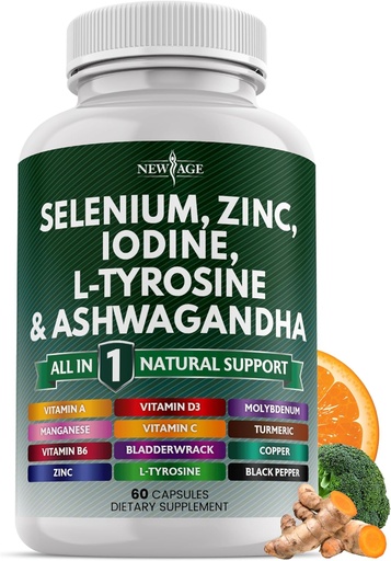 [BRSRAEIEOAMQICQZ] Selenium, Zinc, Iodine, L Tyrosine, Ashwagandha - Support Supplement for Women and Men with Bladderwrack, Turmeric, Silica Kelp, Schisandra - 60 Count