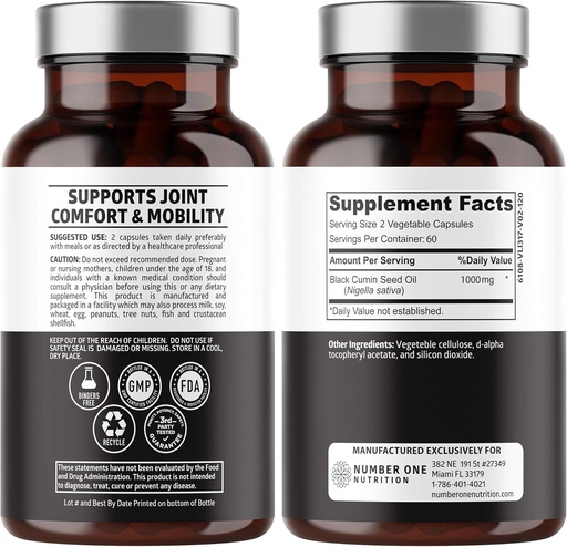 [BRSWYGAZOQCR4H3U] Number One Nutrition N1N Premium Black Seed Oil [Max Strength, 1000 mg] 100% Cold-Pressed Nigela Sativa to Support Digestion, Immune System and Joint Comfort and Mobility, 120 Caps