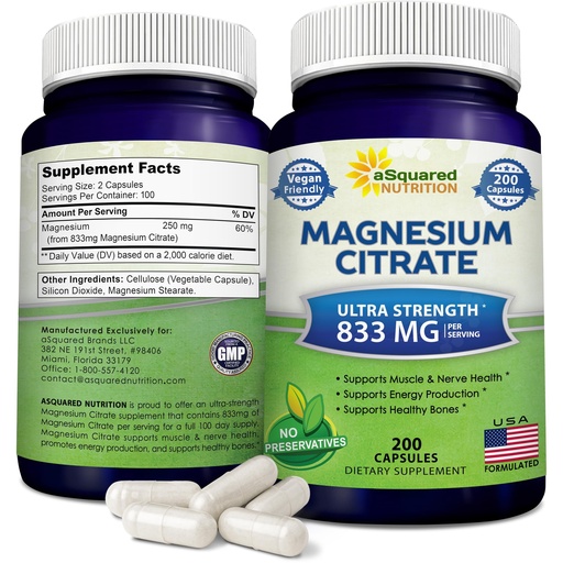[BRSWGZD4BUMQYAA3] aSquared Nutrition Magnesium Citrate 833mg Supplement - 200 Capsules - Max Strength Vegan Mag Citrate Powder Pills to Support Pure Function of Muscles, Heart & Bones - Helps Increase Energy