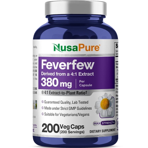 [BRSWGGQ2OUARAGTU] NusaPure Feverfew Capsules, 380 mg, 200 Veg Capsules (Non-GMO, Gluten Free)