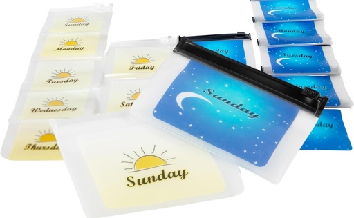 [BRSRMZA5O4FR6ALX] Reusable Plastic Baggies for Am Pm Travel Med Pocket Pharmacy, Color Coded, Pre Labeled Days of The Week Pill Organizer 2 Times A Day for Medicine, Vitamins, 4x3 Inch Zip Closure