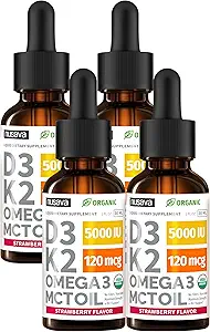 [BRSRMAANPIHQGYA4] (4 Pack) Organic Vitamin D3 K2 Drops with MCT Oil Omega 3, 5000 IU - Maximum Strength Vitamin D Liquid, No Fillers, Non-GMO Liquid D3 for Faster Absorption and Immune Support (Strawberry, 4 Fl Oz)