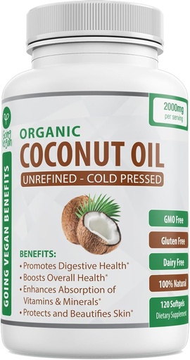 [BRSRO236OADQOG3J] Organic Coconut Oil Capsules 2000mg - 100% Extra Virgin, Cold Pressed for Healthy Skin, Extra Hair Growth, Nail Care, Brain Booster - 120 Softgels - Unrefined Pure & Non GMO Pills - Rich in MCT