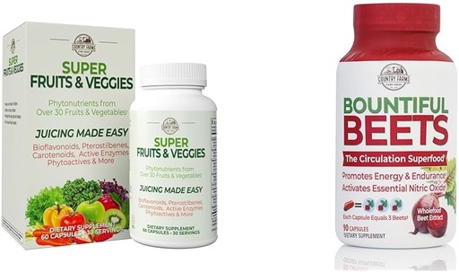 [BRSRAYYYOUCQE3QZ] COUNTRY FARMS Super Fruits Veggies Antioxidant Immune Energy Digestive Capsules + Bountiful Beets Nitric Oxide Circulation Immune Capsules Bundle, 30 + 90 Servings