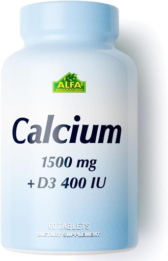 [BRSWIHA4PIMB4HT2] ALFA VITAMINS Calcio 1500mg " Vitamina D3 400 UI, soporta la salud ósea " Sistema inmunológico, vitaminas esenciales para los huesos fuertes " dientes, suplemento de citrato de calcio con vitamina D3, 60 tabletas