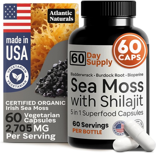 [BRSROCDQCICQ4G3J] Atlantic Naturals Sea Moss e Shilajit Capsule – 5-in-1 Seamoss Shilajit Combo con Bladderwrack, Burdock Root & Black Pepper – Sea Moss Integratori per Assorbimento & Vitalità – 2705 mg – 60 Count