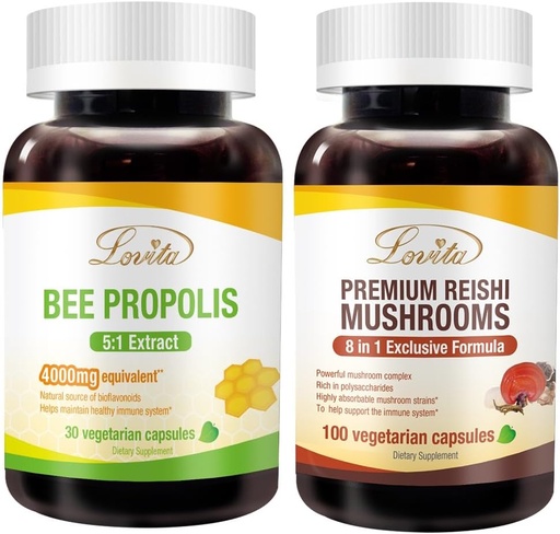 [BRSROHQ5CB4AAYIV] Lovita Bee Propolis Capsule & Premium Reishi Mushrooms Nutrients Bundle. Dietary Supplement Supports Better Nutrition & Overall Well-Being