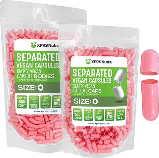 [BRSROFATB56BAHQ4] XPRS Nutra Vegan Size 0 Separated Capsules - 500 Count Premium Empty Capsules Separated in Bags - Pills 0 Empty for DIY Supplement Filling (Pink)