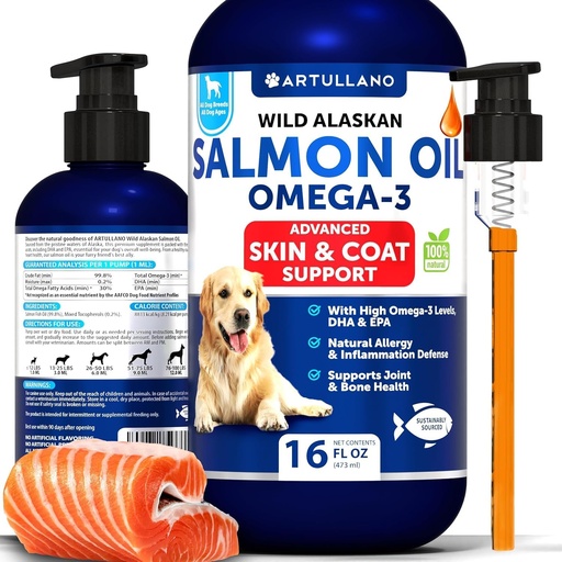 [BRSROHQLOUBWADT6] Salmon Oil for Dogs - Omega 3 for Dogs - 16 FL OZ Wild Alaskan Salmon Fish Oil - Natural EPA & DHA Fatty Acids for Skin & Coat, Allergy, Joint & Bone Health - Liquid Support Supplement for Shedding