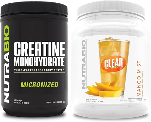 [BRSROCD6CAMAICQV] NutraBio Creatine Monohydrate, Unflavored, (500 g) and Clear Whey Protein Isolate, (Mango Mist) Supplement Bundle – Muscle Energy, Maximum Growth, Recovery, and Strength