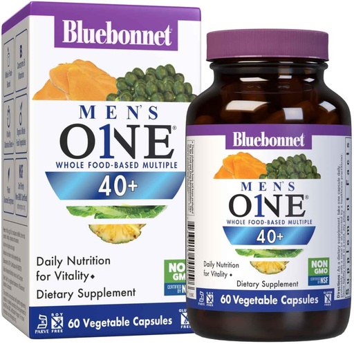 [BRSW2HTQDN6GOD34] Bluebonnet Nutrition Mens' ONE 40+ Whole Food-Based Multiple, Men Multivitamin for Men 40+, Soy-Free, Non-GMO, Gluten Free, Kosher, 60 Vegetable Capsules, 60 Servings