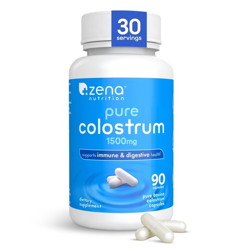 [BRSRABT5BUARSHT3] Zena Nutrition Pure Colostrum Capsules, 1500mg Supplement, Grass Fed Bovine Colostrum, Supports Immune and Digestive Health, Promotes Gut Health, Gluten Free, Fat Free, 1 Month Supply, 90 Capsules