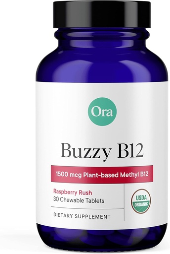 [BRSRMYITA5YGGHTK] Ora Organic Vitamin B12 1500mcg - Plant-Based methylcobalamin for Adults - Natural Stimulant-Free Energy, Raspberry Flavor chewable Tablets, no Added Sugar - 30 Tablets