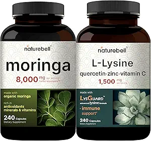 [BRSRAAIOBENRAF3H] NatureBell Moringa Oleifera 8000mg Per Serving & L-Lysine 1,000mg Capsule Bundle Pack | Superfood Antioxidant | Free Form Amino Acids, L Lysine Complex