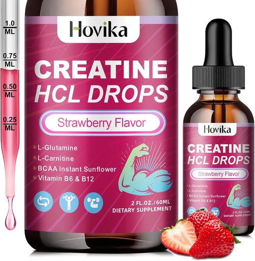 [BRSRAHQCA4PA4AA6] Creatine HCL Liquid Drops for Men & Women, Creatine Hydrochloride with L-Carnitine, L-Glutamine, BCAA, Vitamin B12 & B6 for Muscle Growth, Promote Energy & Recovery-Vegan, Strawberry Flavor, 2 Fl Oz