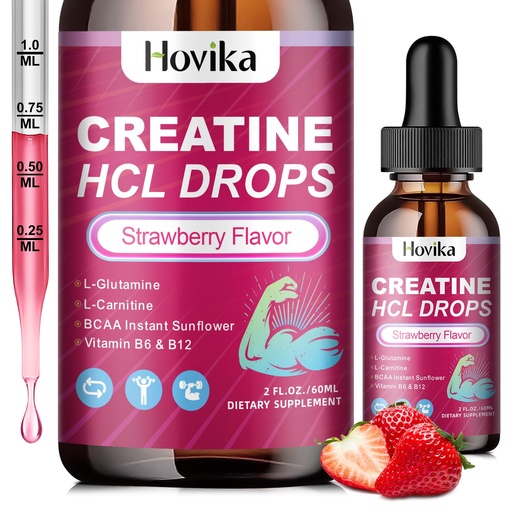[BRSRAHQCA4PA4AA6] Creatine HCL Liquid Drops for Men & Women, Creatine Hydrochloride with L-Carnitine, L-Glutamine, BCAA, Vitamin B12 & B6 for Muscle Growth, Promote Energy & Recovery-Vegan, Strawberry Flavor, 2 Fl Oz