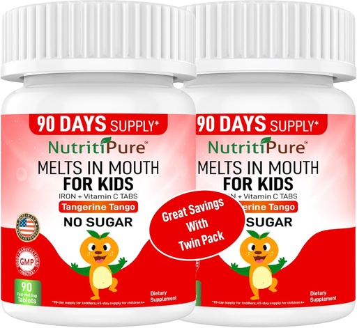 [BRSWGFQFBMIGYDY4] Suppléments de fer à croquer pour enfants (Ferronyl®/Carbonyl Iron 9 mg avec vitamine C 30 mg) Comprimé dans Tangerine Tango Orange Flavor Supplément enfants 90 Compte (2 bouteilles)