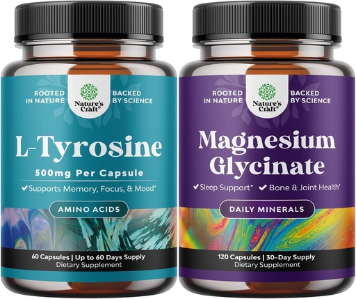 [BRSROCDYPMPWOF3F] Bundle of Free Form L Tyrosine 500mg Capsules - High Strength L-Tyrosine Supplement for Mental Energy and Focus Support and Magnesium Glycinate 400mg Per Serving for Mood Sleep and Relaxation