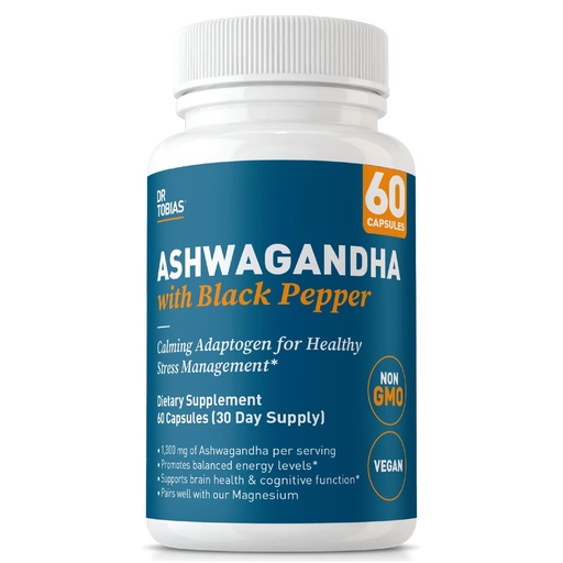 [BRSROFAKPNYAG23J] Dr. Tobias Ashwagandha Capsules - 1300mg Organic Ashwagandha Root Extract Per Serving with Black Pepper | Calming Adaptogen Energy & Focus Supplement (60 Vegetarian Capsules)