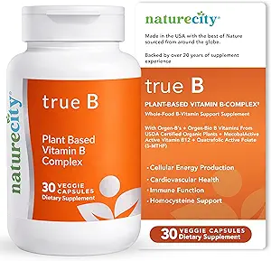 [BRSW2AYKDF5AI3A3] NatureCity True-B Plant-Based Super B Vitamin Complex Supplement |Made from Certified Oraganic Whole Food Plant Sources with Active Folate and Vitamin B12 - (30 Veggie Capsules)